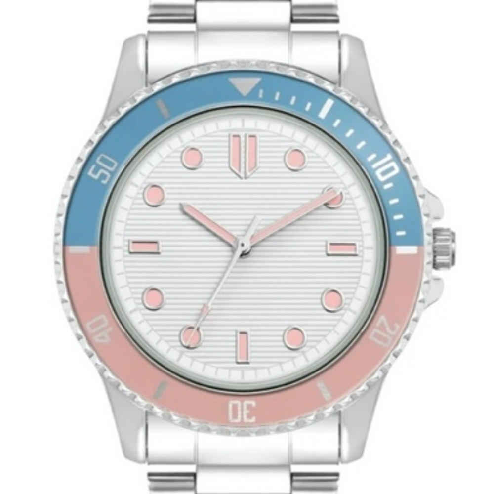 Time and Tru (BRAND NEW IN BOX) Silver Bracelet Watch with Blue and Pink Accents